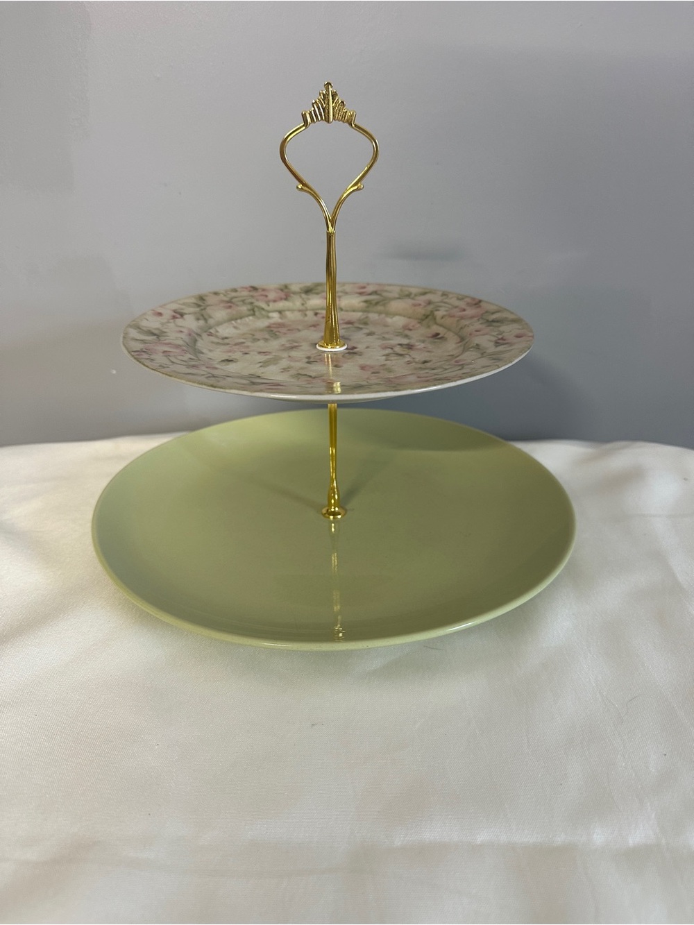 Two-Tier Serving Stand in Pale Green and Floral with Gold Handle
